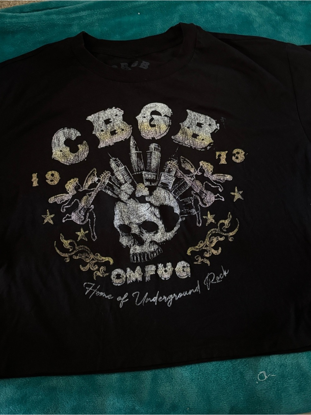 Black Graphic Crop Top with Skull and City Design